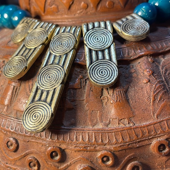 Handmade Aztec Brass Turquoise Beaded Collar 21in Necklace - Picture 2 of 7